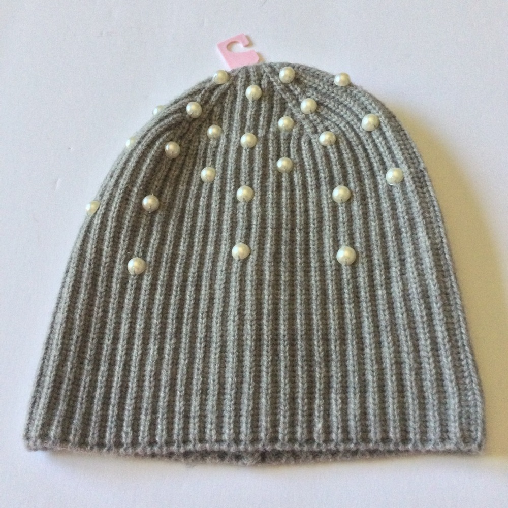 KATE SPADE ACRYLIC AND WOOL KNIT BEANIE WITH FAUX PEARLS GRAY OS NWOT